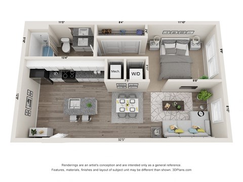Floor plan for 1 bed, 1 bath, 545 sqft